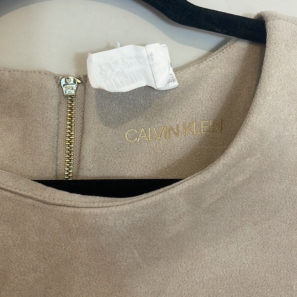 Calvin Klein Beige faux suede Midi Dress with Puff Sleeves - Picture 2 of 5